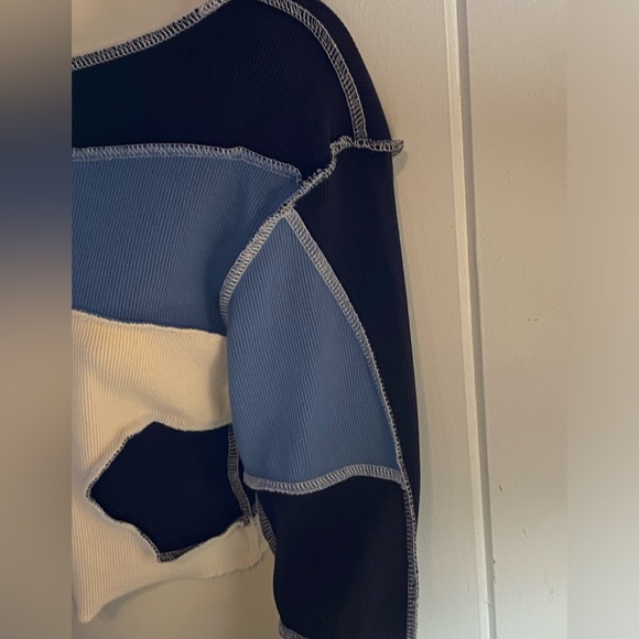 Nasty Gal NWOT patchwork long sleeve ribbed cotton sweater navy,blue,cream, M - Picture 3 of 7